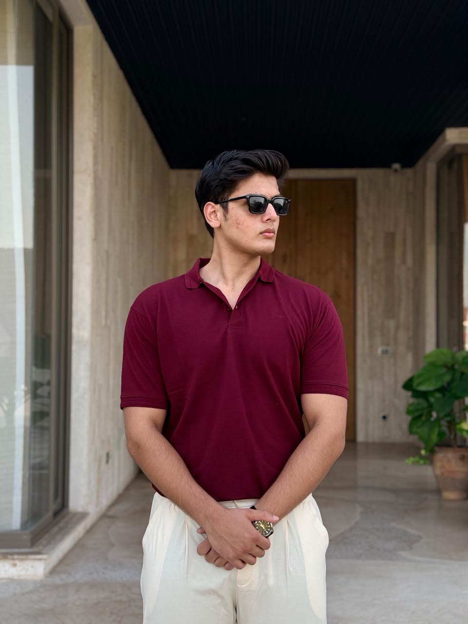 Maroon Waffle Knit Polo Shirt