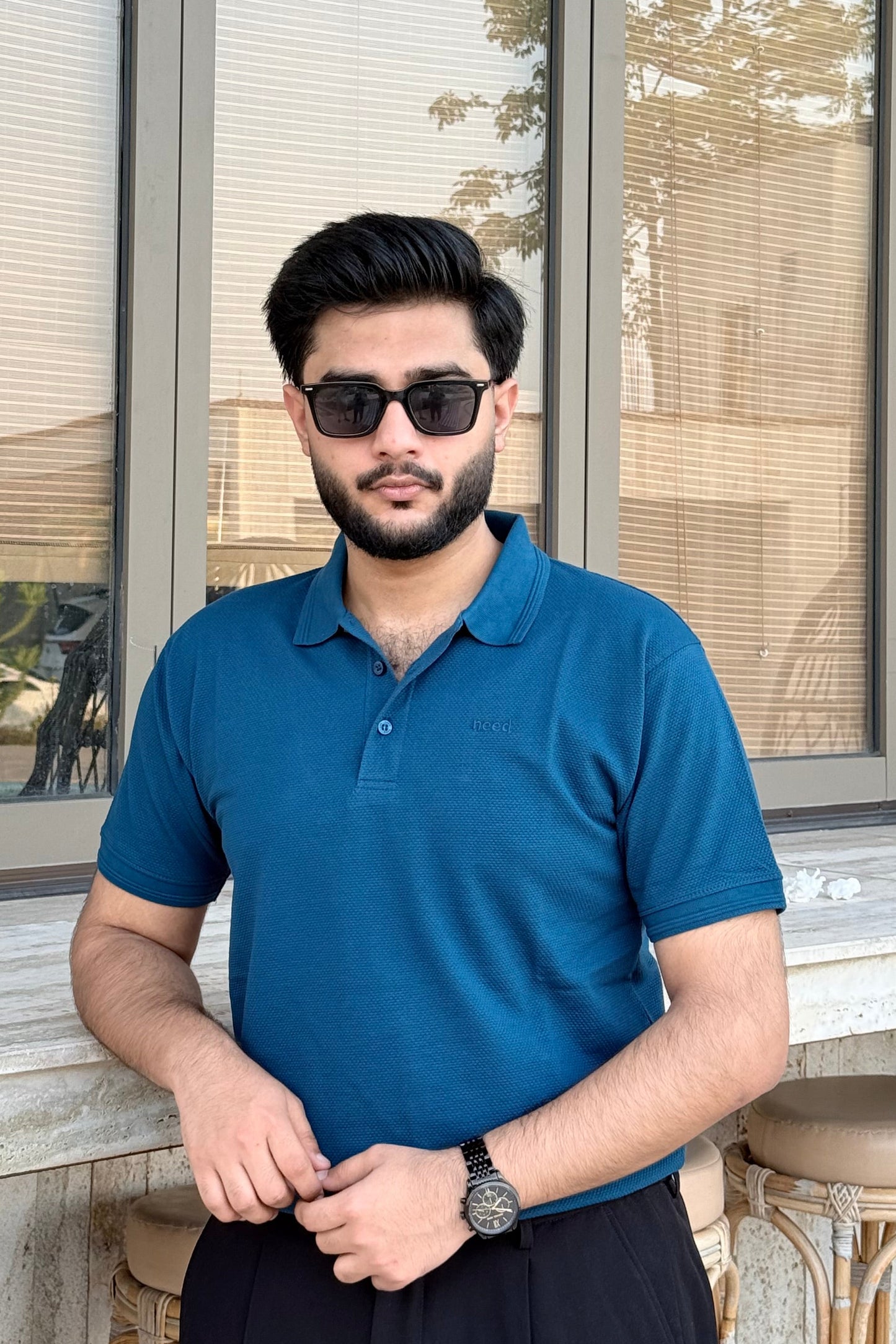 Teal Blue Waffle Knitted Polo shirt