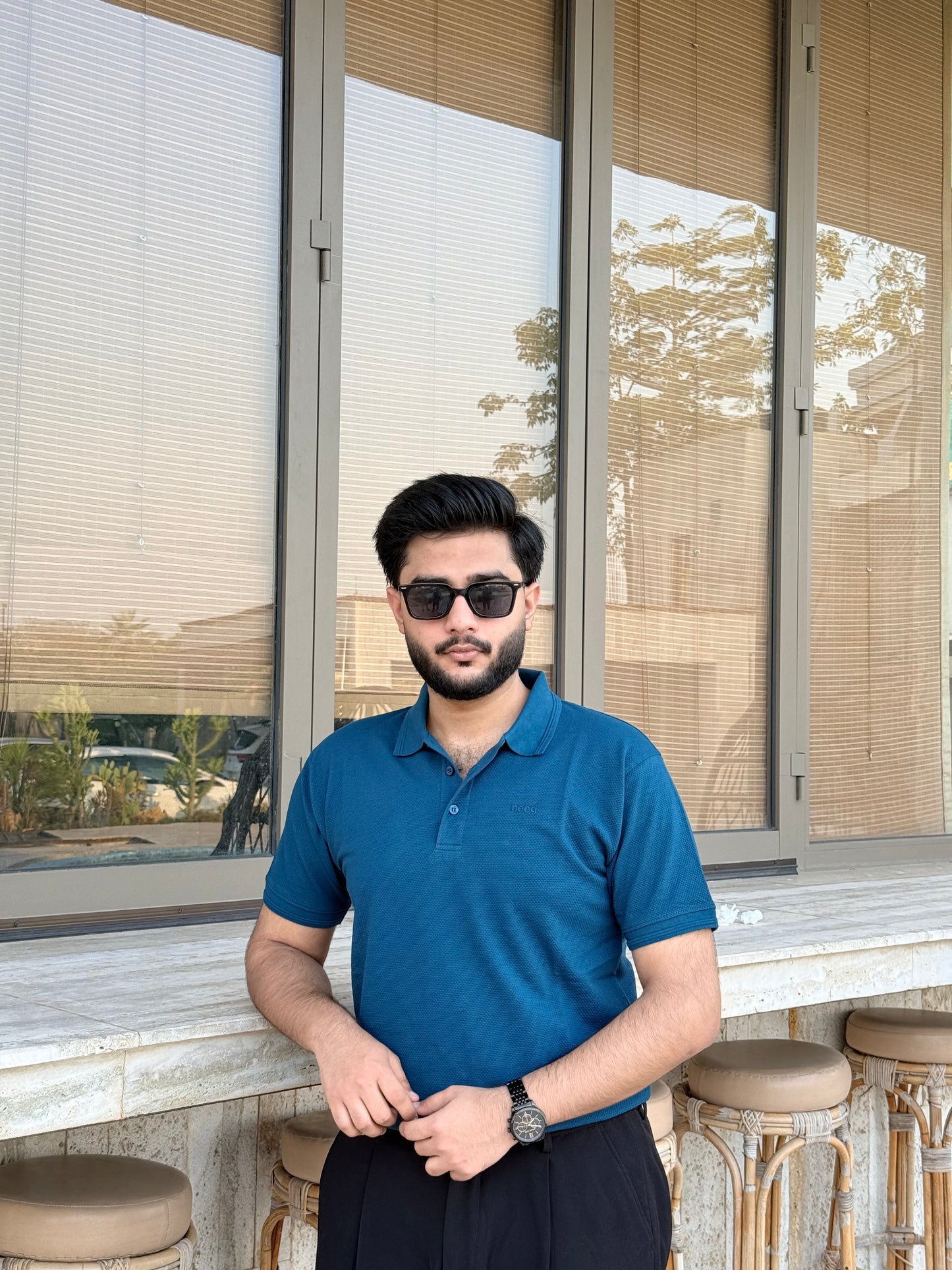 Teal Blue Waffle Knitted Polo shirt