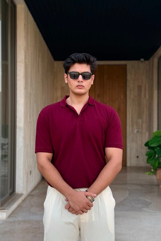 Maroon Waffle Knit Polo Shirt