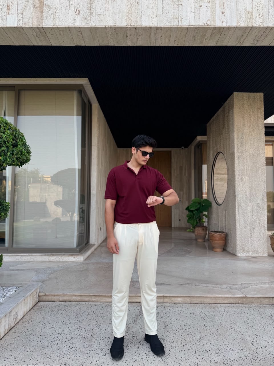 Maroon Waffle Knit Polo Shirt
