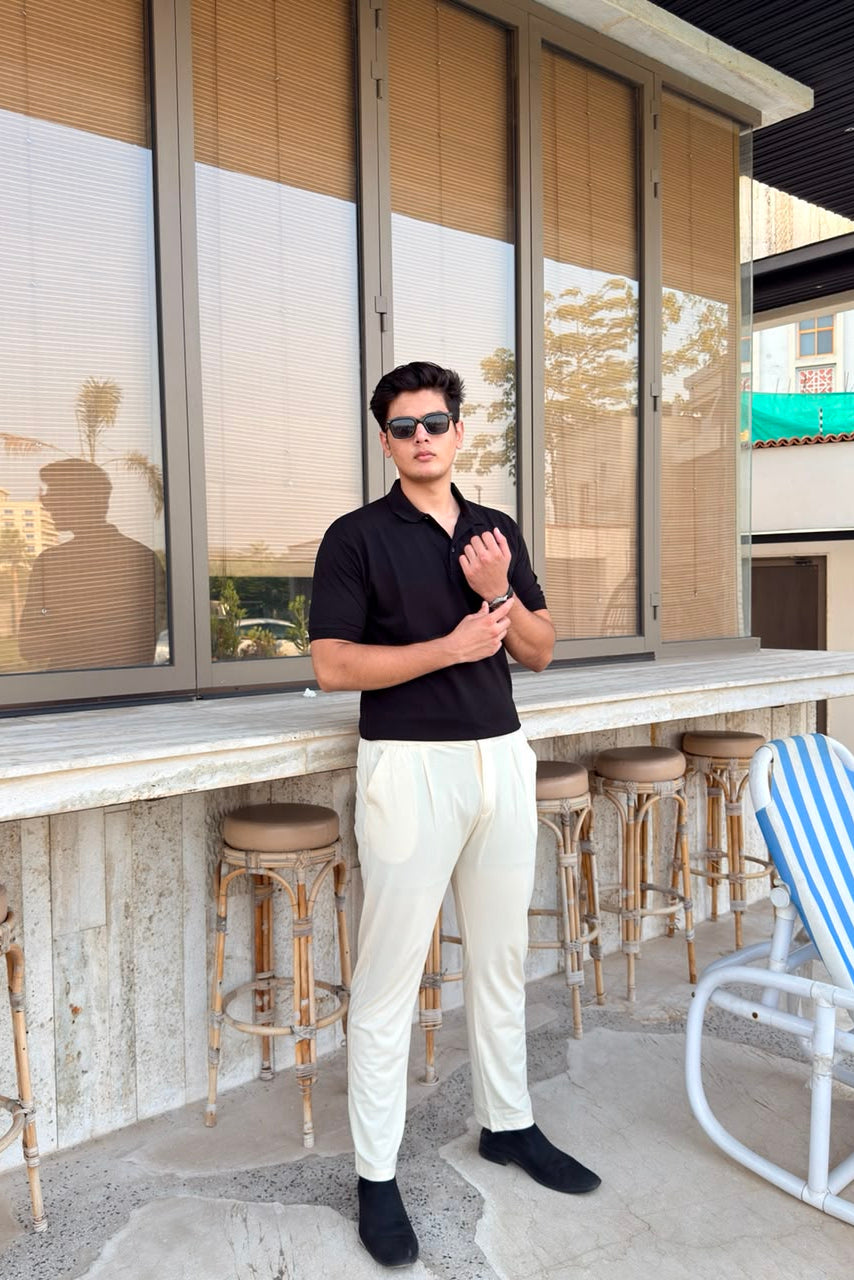 Black Waffle Knit Polo Shirt