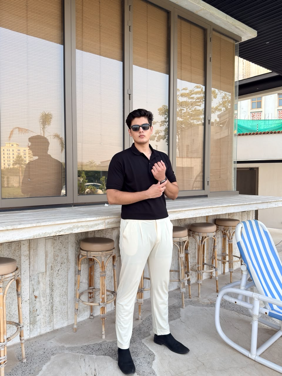 Black Waffle Knit Polo Shirt