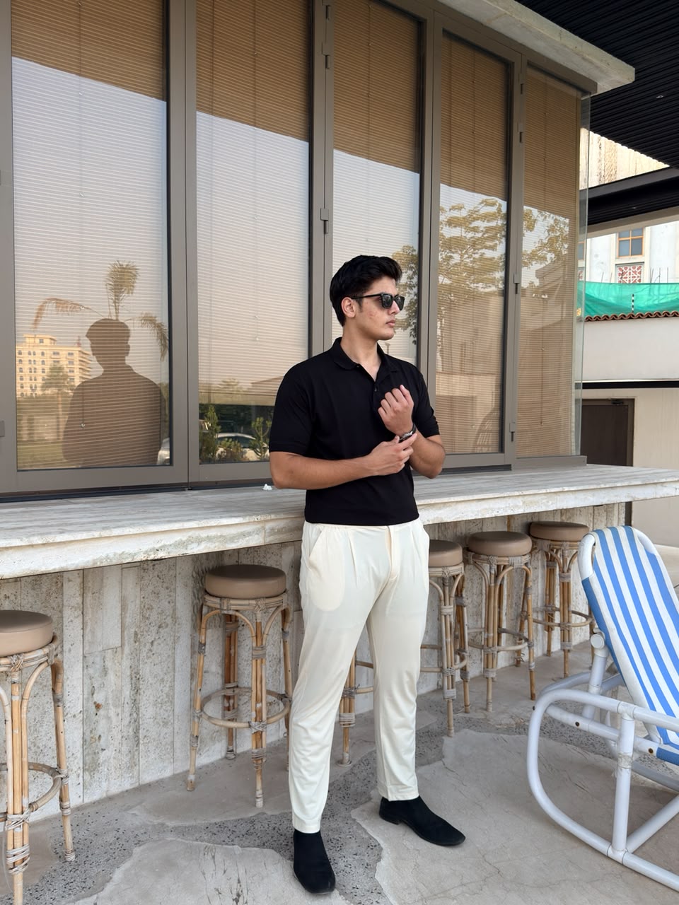 Black Waffle Knit Polo Shirt