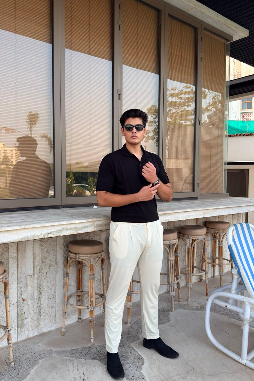 Black Waffle Knit Polo Shirt