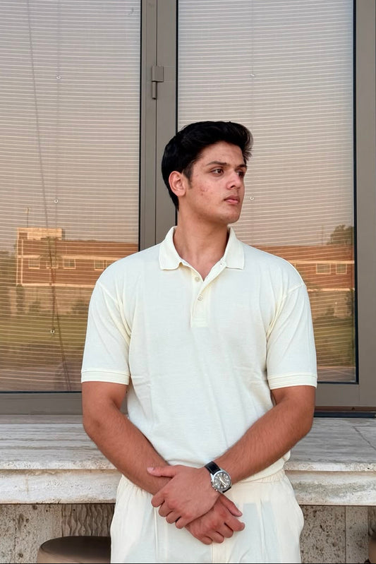 White Waffle Knit Polo Shirt