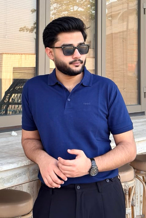 Midnight Blue Waffle Knit Polo Shirt