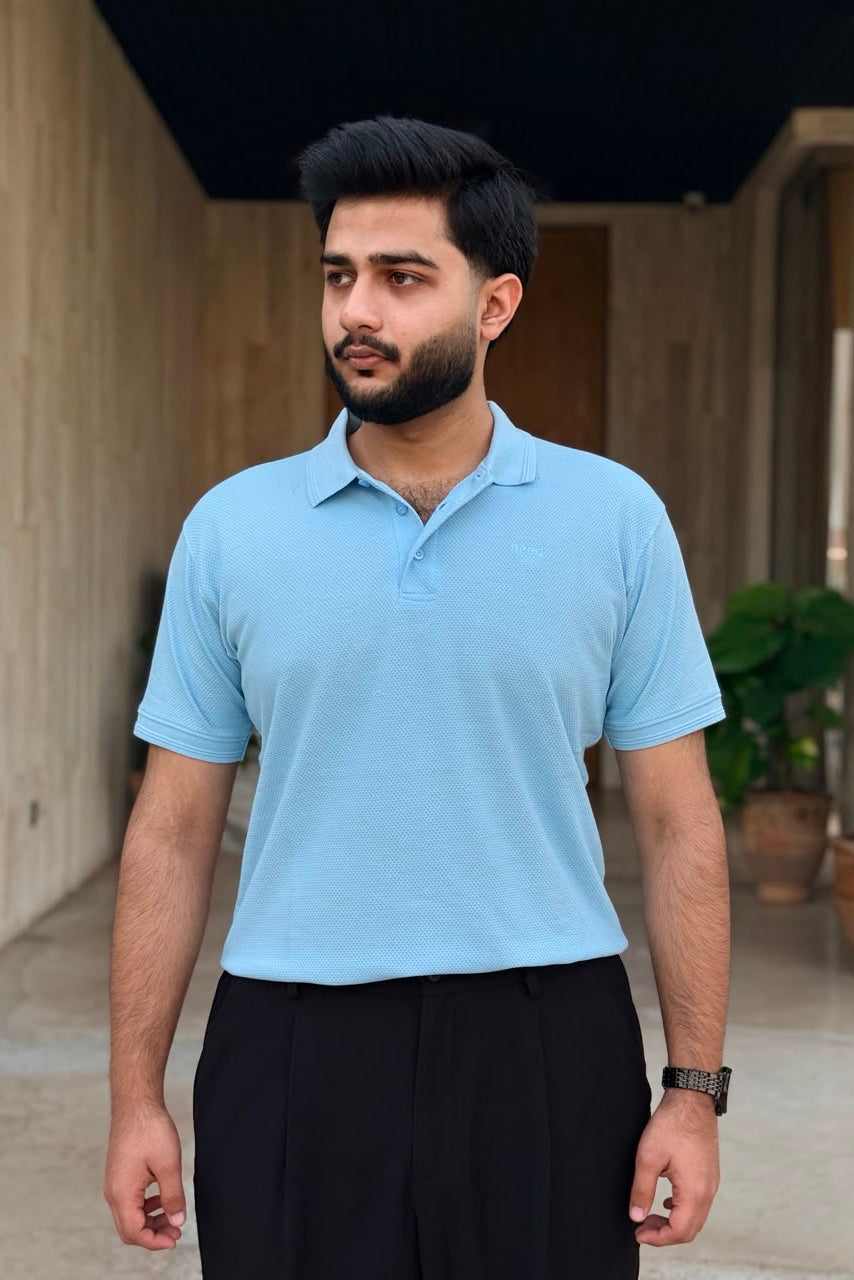 Sky Blue Waffle Knit Polo Shirt