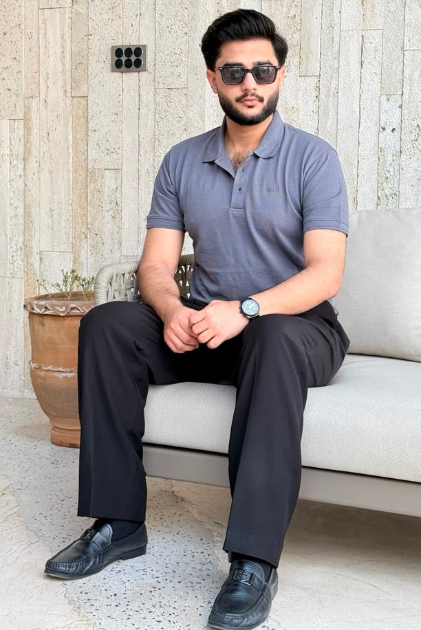 Grey Waffle Knit Polo Shirt
